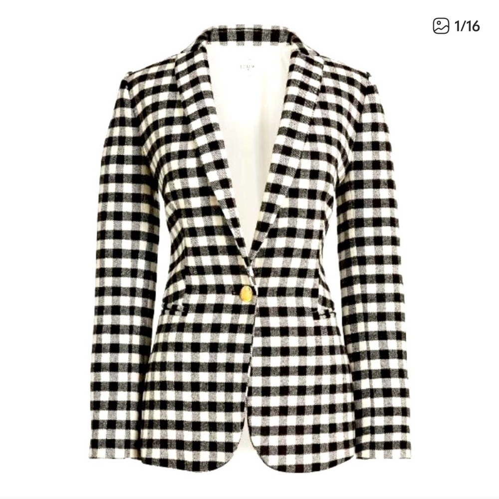 J. Crew Wool Blend One Button Blazer In Buffalo Check Black & White Womens Sz 12